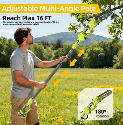 A 2-in-1 mini chainsaw, equipped with two 21V batteries and a telescopic pruning saw.