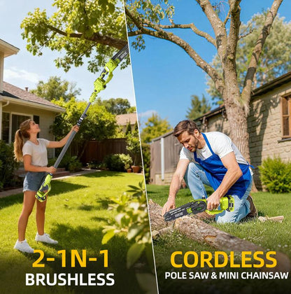 A 2-in-1 mini chainsaw, equipped with two 21V batteries and a telescopic pruning saw.