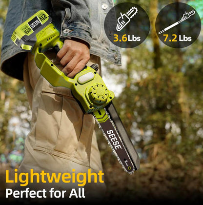 A 2-in-1 mini chainsaw, equipped with two 21V batteries and a telescopic pruning saw.