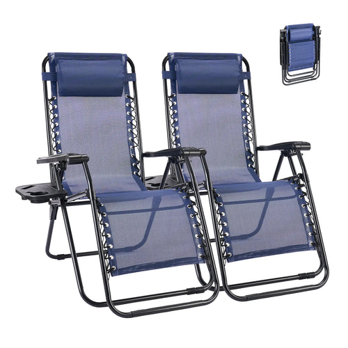 Zero Gravity Set of 2 Folding Lounge Chairs with Cup Holder Trays